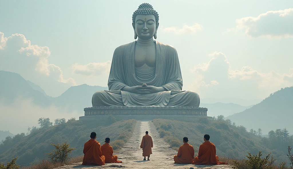 Giant Buddha statue in the distance, pedra, textura, alto, majestoso, imagem invertida, The background is illuminated by sunlight, towering trees, Peregrinos caminhando na estrada. The composition is beautiful, Com obras-primas, Detalhes, and high definition
