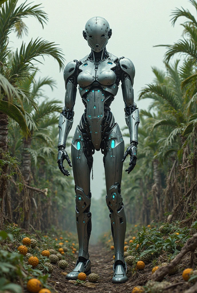 (full body), (from above:1.3) 8k photography full body view (cyborg girl:1.3) in a ( swimsuit ). mechanical arms, (thin robotic spine:1.5), standing in mud on an island. black red violet colors, ((runic tattoos)), on a jungle background on a shore. strap leather ((bracelets)), slim, small breasts, bare feet, athletic, women touching foreheads, smile, soft, low light, intricate fabric, delicate fabric, lace, feminine , ((skimpy)), nude, athletic, sci-fi, cyborg, (freckles:0.85) ,