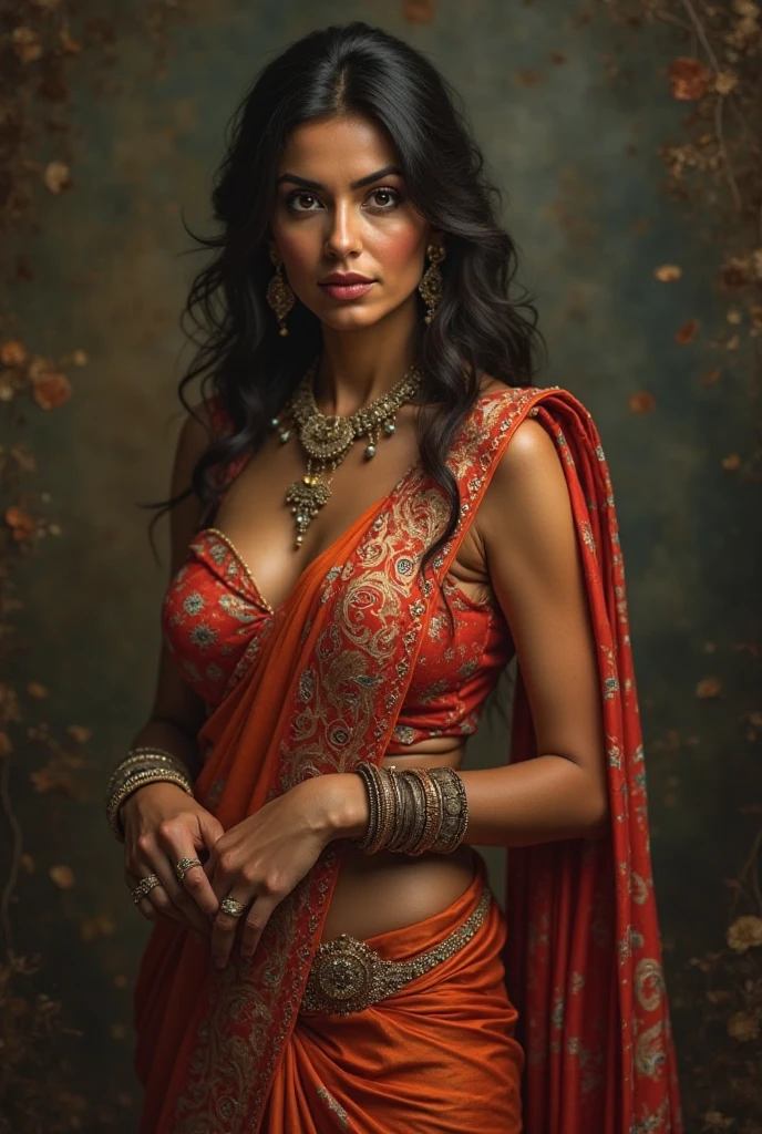 Indian woman sitting aside legged with big
