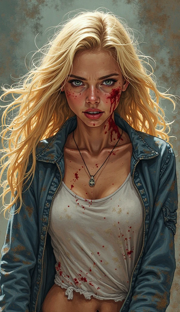 (masterpiece), cartoon, best quality,(photo_(medium):1.0), by Antonio J. Manzanedo, by Jeremy Lipking, lightning, painting style with watercolor, (Brushstrokes:1.8)colorful,vibrant blue hues colors full body shot, An ultra hot gorgeous European woman, age 23.blonde hair.((Body covered with blood splash)). She’s full of fury and anger. Red lips.