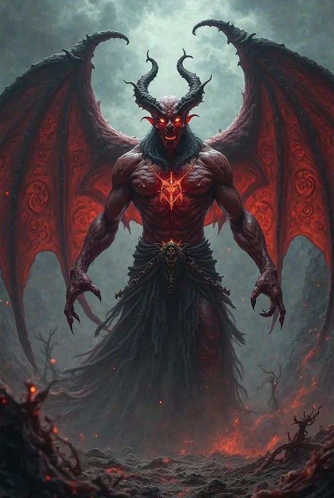 Make the devil hold an artifact Source with red flames coming out of it and the devil is trying to put it in his chest and a dark laugh
