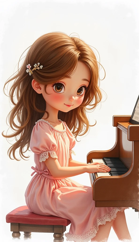 Best image quality, detailed eyes, a cute little 5 year old girl playing the piano while looking at sheet music, smiling with great joy, amazingly big and bright eyes, long eyelashes, long chestnut hair, A very cute girl, a happy smile, the best smile, a friendly and happy smile, lilies blooming outside the window,