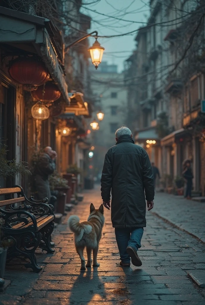 1girl, 1 old man, a 23 years old tall brunette slim girl is a slave to an old man, she's walking like a god, she's crying she's naked, the old man controls her with a dog leash, street, near to a trashcan