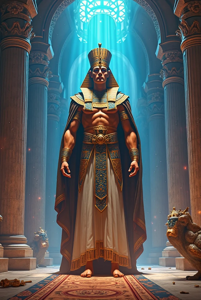Masterpiece, Best quality, last natural Pharaoh of Egypt, Nectanebo II, wearing the pschent, double crown of Egypt, famed magician and astrologist, standing over a map and the battle field with Achaemenid Empire under Artaxerxes III, large stone room, lit by Oil lamps