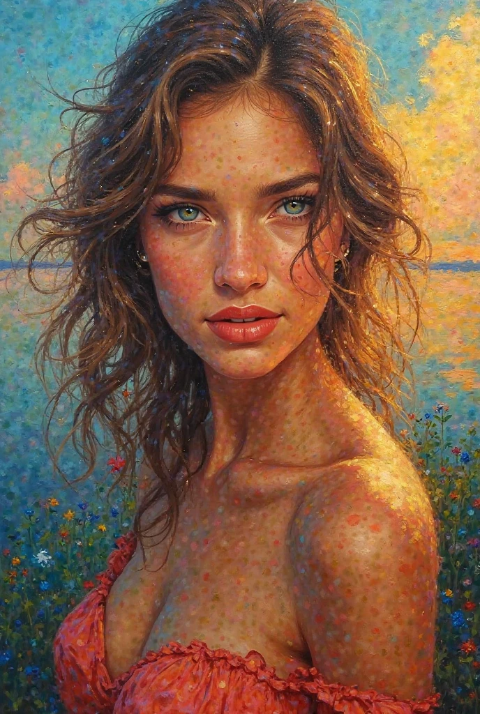 (best quality,realistic,highres:1.2),soft toned, oil painting,impressionistic strokes,From Cubism, Fauvism to Surrealism and Abstractionism, woman, beautiful eyes,beautiful lips,flowing hair, their art concept and pattern all have been embodied in fashion design,Fresh light blue, light yellow, light pink,.Starry Sky background, cleavage, sexy, thigh