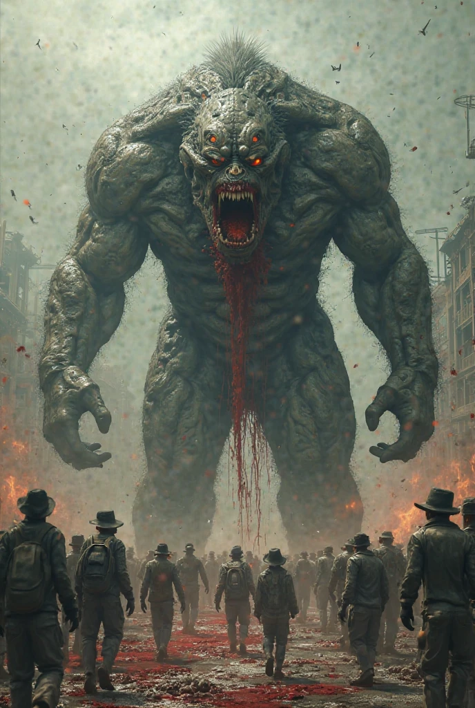 arafed image of a group of soldiers in a city, still frame from prometheus, draped with horrors and spines, inspired by Kazimierz Wojniakowski, riot entertainment, at world's end, strong walls, towering giant made of zombies, necromunda, below is the crowd, spectral evolution, monstrous creatures, dunkirk, lovecraftian horror! --auto --s2