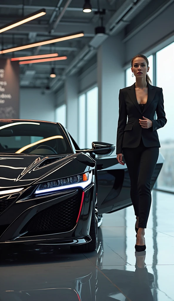 Tall woman with curly blonde hair, tall and white skinned, grey eyes, coming out of a building that says Nazkcap. Her bodyguard is waiting for her with the McLaren. She is dressed in long pants and a blue blouse and a purse., her black heels.