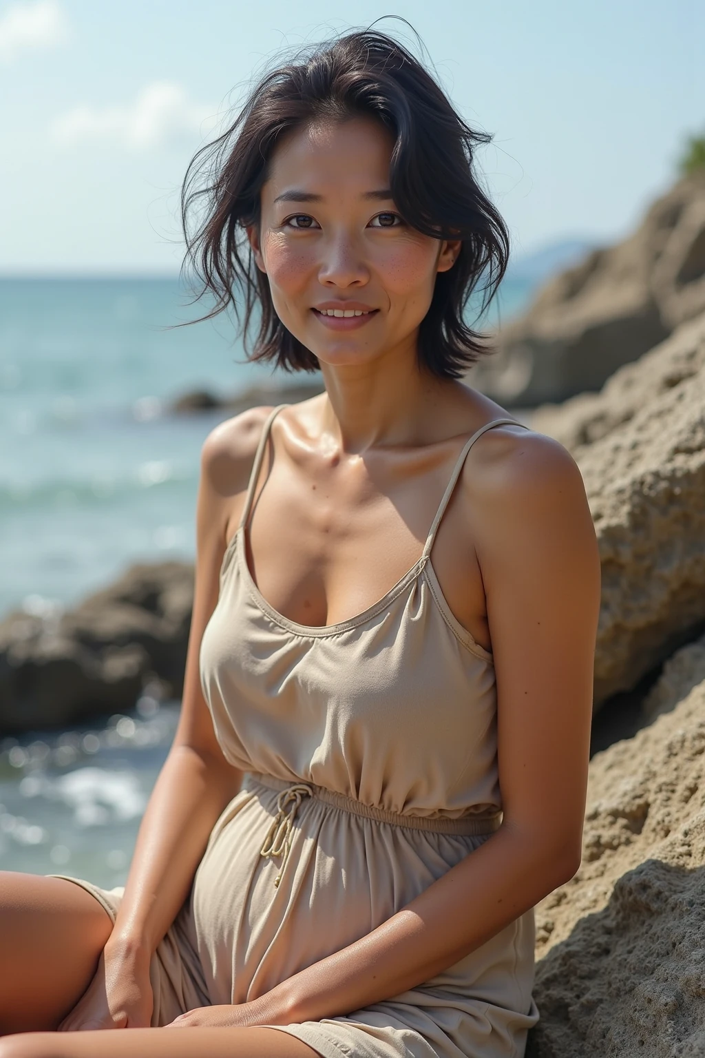 ((Highest quality, 8k, Ultra-high resolution)), ((masterpiece: 1.3)), (Perfect appearance), (Photorealism: 1.6), (JMA), (Who), (TI), (Portrait of a mature Japanese woman), (Blurred Background: 1.8), (A sandy beach with a dazzling sunrise), (Water's Edge), ((Look here)), ((Realistic skin texture)), (Fine wrinkles appear all over the skin, Dullness, Unmoisturized skin, Wrinkles around the eyes, double eyelid, Lower eyelid tear sulcus, Dimples, corner of the eye, Thin eyebrows), Slightly parted lips, Smiling Kindly, (Plain, Round neck, dolman sleeves, Chiffon shirt: 1.2), (Slimming body), (Small breasts), (Tight long skirt),