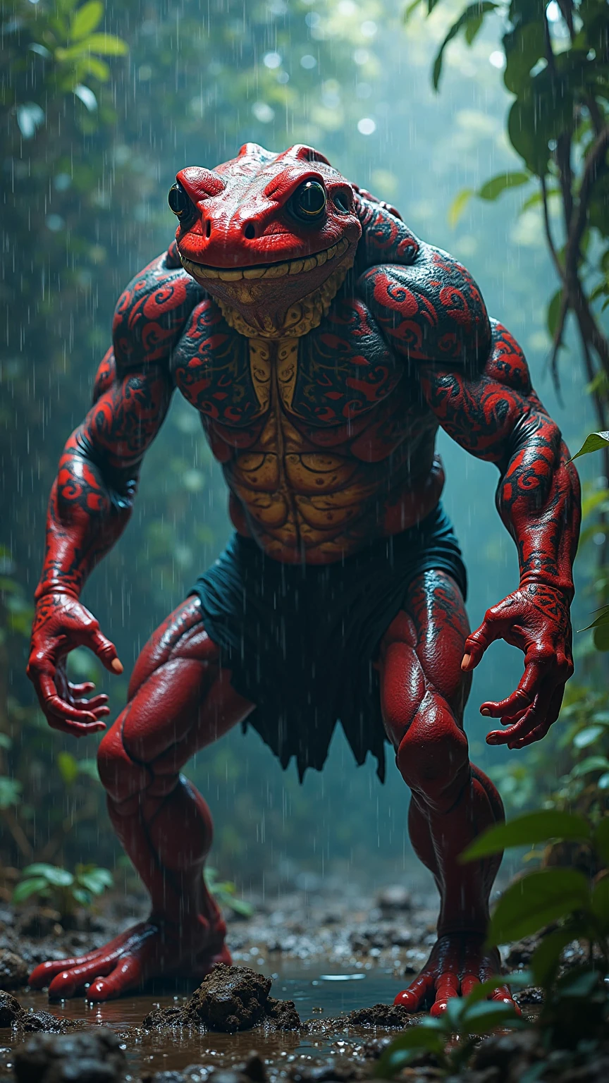 NSFW (nude) (male with a huge tiki mask and penis) full body, standing on a deserted beach