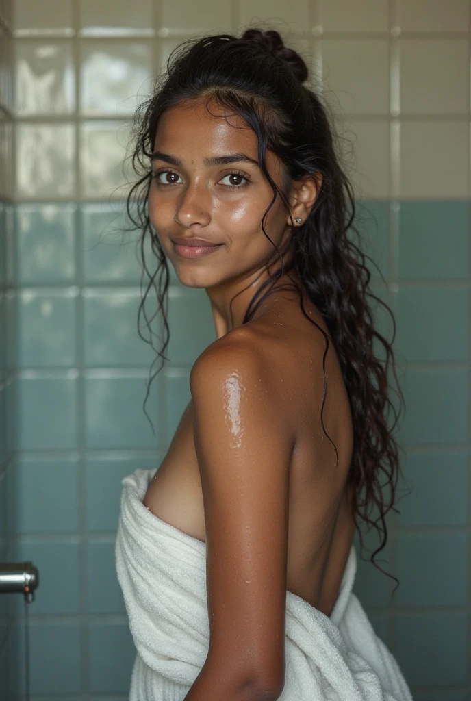 Arab woman in a bikini in a shower, close up of , body, ((selfie)), camera angled down, camera down, black bikini, plain background 