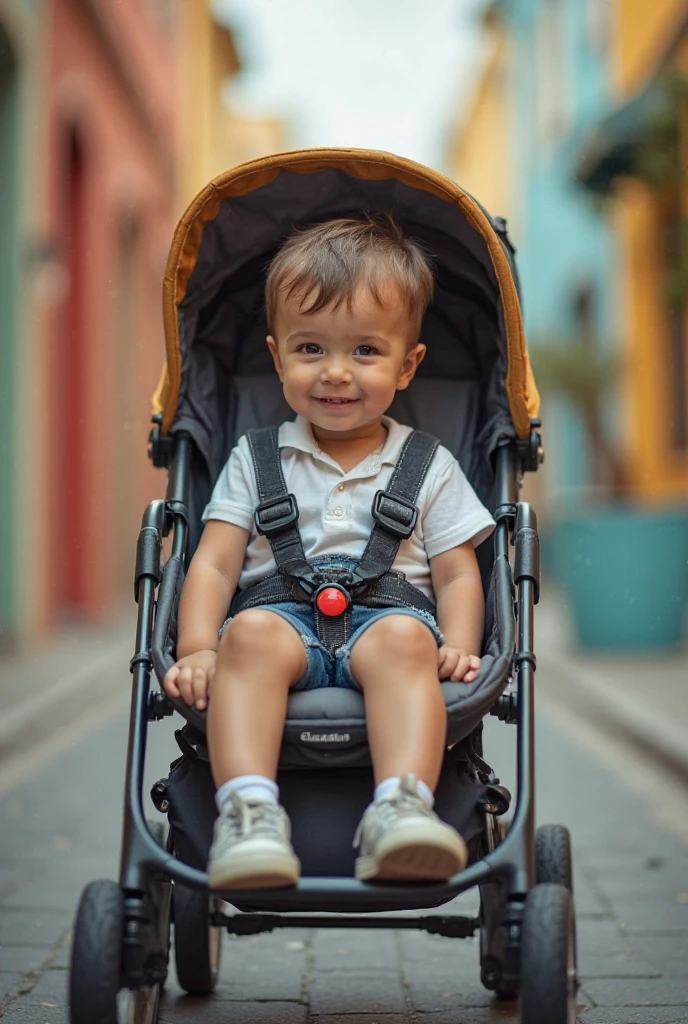 a little 2 year old baby he is sitting in a stroller looking straight ahead with an angry face he is in a very beautiful room background with a bed and curtains perfect image quality sharp and clear faces in high definition 4k in a masterpiece of detail extraordinary perfect 4k high definition image a masterpiece of best quality
