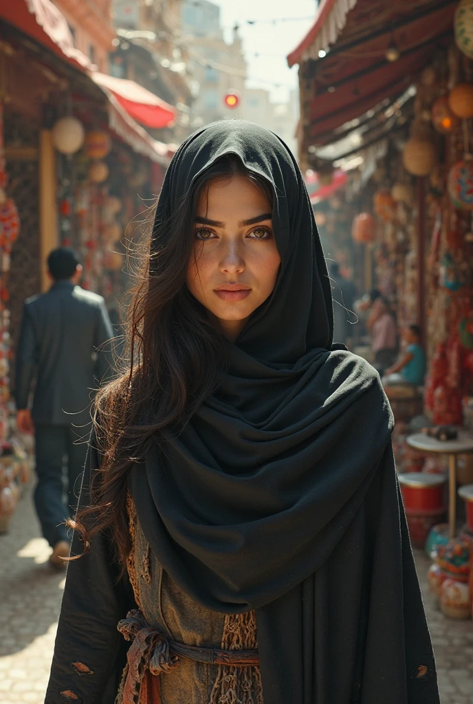A Pakistani girl in public place who attract everyone in black masks 