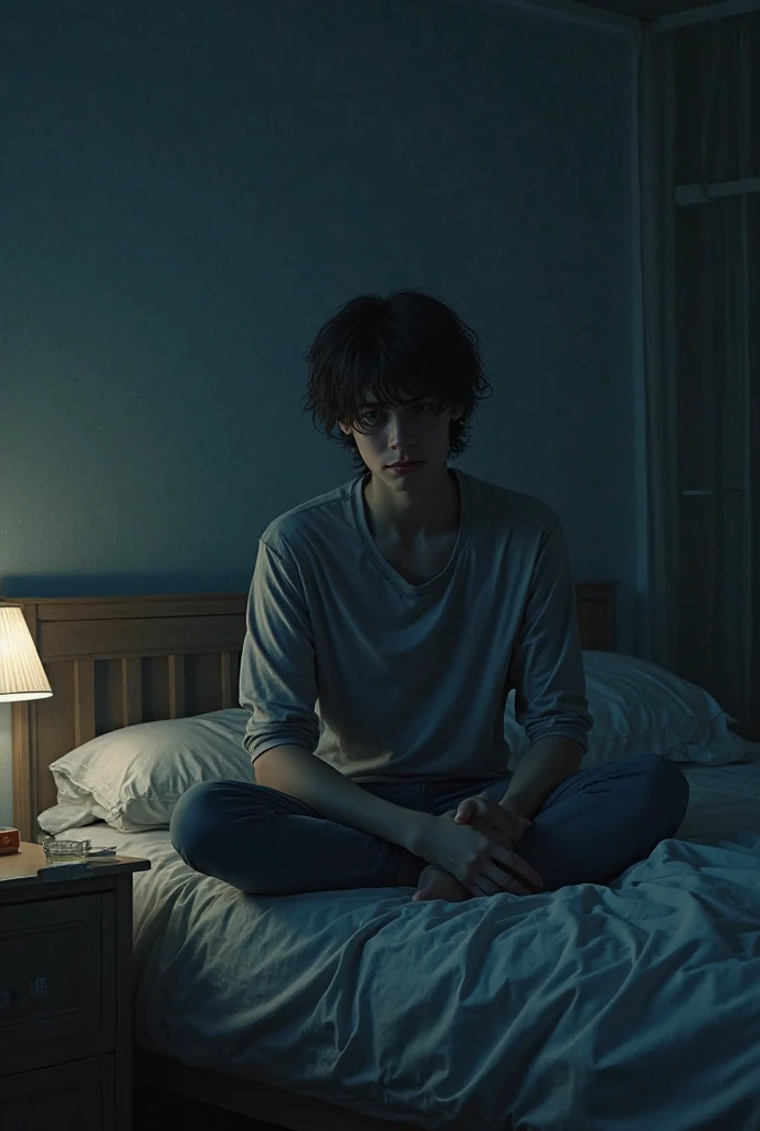 Guy with a ghoul haircut, dressed in an oversized t-shirt and plaid pants, sitting on the bed/Couch, view from above