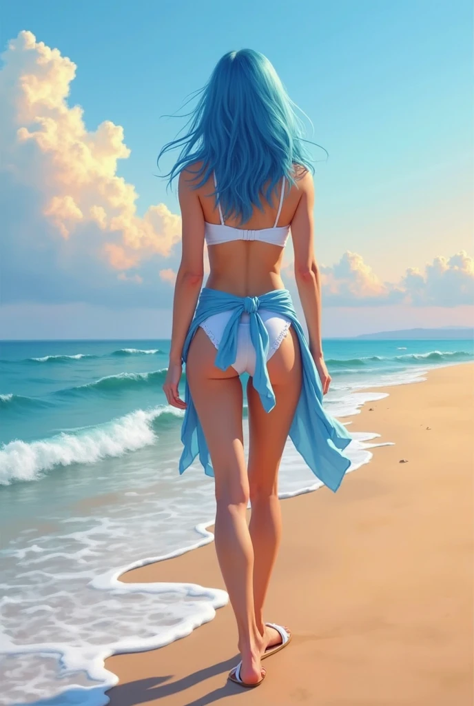 A serene portrait of a plump bohemian woman with blue eyes, long reddish blue hair, pale skin. She stands with her back turned, on the beach, she stares calmly at the sea, wearing a white bikini, Anime photo.