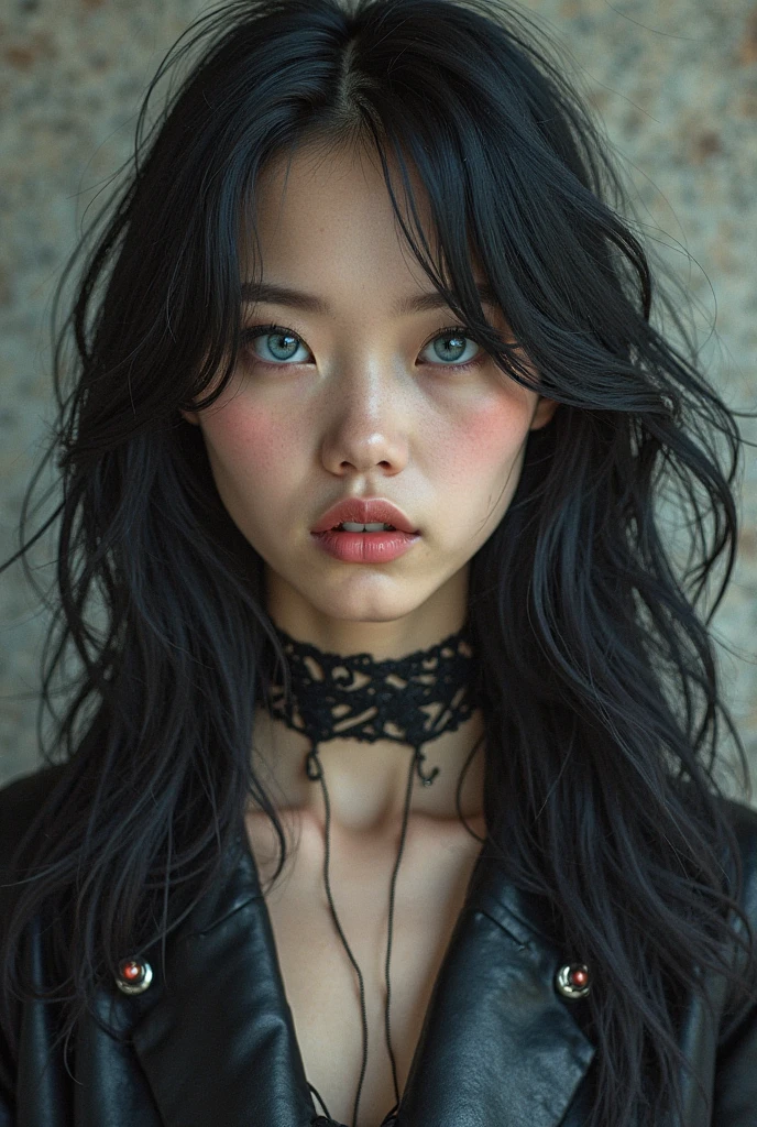 beautiful blue eyed chinese girl, long black hair, and with a rock style. Realistic photos