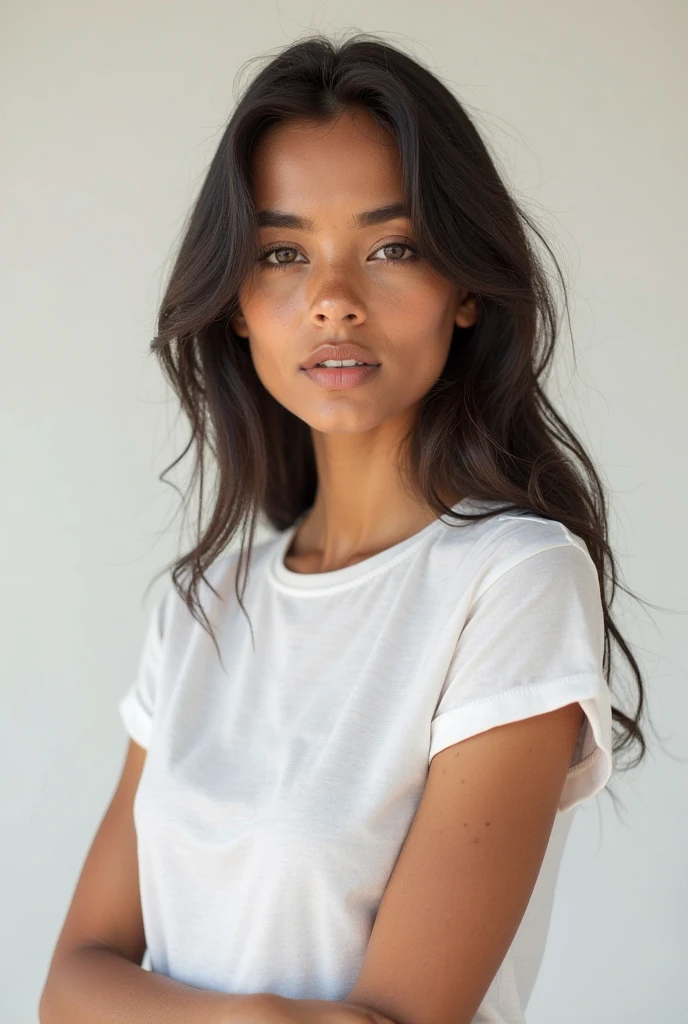 Genere a young girl with beige skin, green eyes and light brown straight hair dressed in baggy jeans and a white top And an oval face Of French origin and 25% d’origine guyanaise 