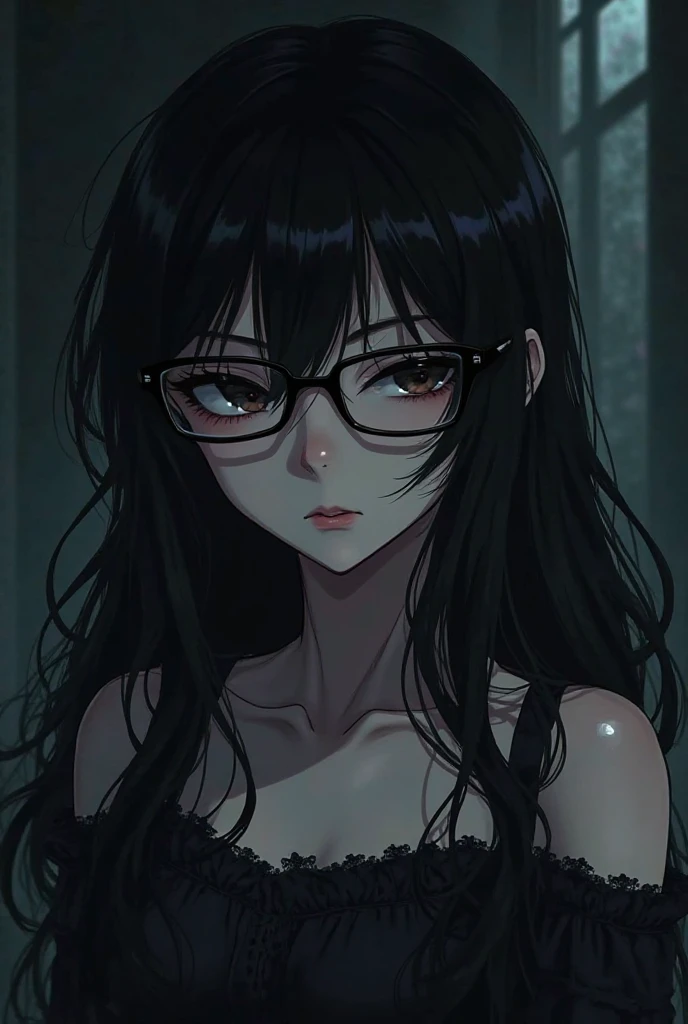 (highest quality,4K,8k,High resolution,masterpiece:1.2),Super detailed,(Realistic,photoRealistic,photo-Realistic:1.37), Close-up of a woman with dark hair and a black dress, Dark Eyes,((((Glasses))))、sinister smile,Evil Aura,Burning Flames,Soul Corruption,Dark Shadows,Ominous atmosphere,Strange symbols,Cursed Land,Eternal Darkness,An unforgettable presence,Intimidating person,Grotesque features,Horror Scene,Nightmare born kimono,Twisted reality,Scary atmosphere,Awesome work of art,Evil Unleashed,Supernatural horror,Creepy art,Nightmare fuel,Terrifyingly clear,Abstract fear,Terrifyingly beautiful,masterpiece,Fear incarnate,Shadow Chaos,existence,Darkness,in style of Dark Fantasy Art, Dark fantasy art, A beautiful and elegant dark queen, Dark Fantasy Art, fantasy dark art, Dark fantasy digital art, Gothic fantasy art, Gothic Dark Maiden, Detailed Texture,Spooky creatures,An ominous atmosphere,Mythical,cosmic Horror,darkness,Mysterious,Dark aesthetic,Fog Background,Eyes of another world,Ancient Gods, Powerful wizard, Stand in the mysterious forest. Flowing robes decorated with symbols, Arms stretched out, Powerful,Tentacles,Pitch black blackness,Majestic,Unfathomable depth,Nightmare,The existence of the universe,an ominous existence,seeping darknesss,Secrets of the Universe,It (Spooky atmosphere), (Cartoon-like atmosphere),(Grainy), (Dramatic Shadows), (Dynamic pose), ((Artistically expressed)), ((Fascinating), (Gothic), (Mysterious Setting), (Moody color palette), (Skillfully drawn), (Feelings of anxiety), (Intricate details), (an ominous smile), (an ominous), (Fascinating eyes), (Horror elements), (Fascinating composition), (Impressive anatomy),(Striking contrast)), (Exquisite craftsmanship), (Interesting character designs)、Dark Fantasy Portrait, Portrait of the Dark Goddess,