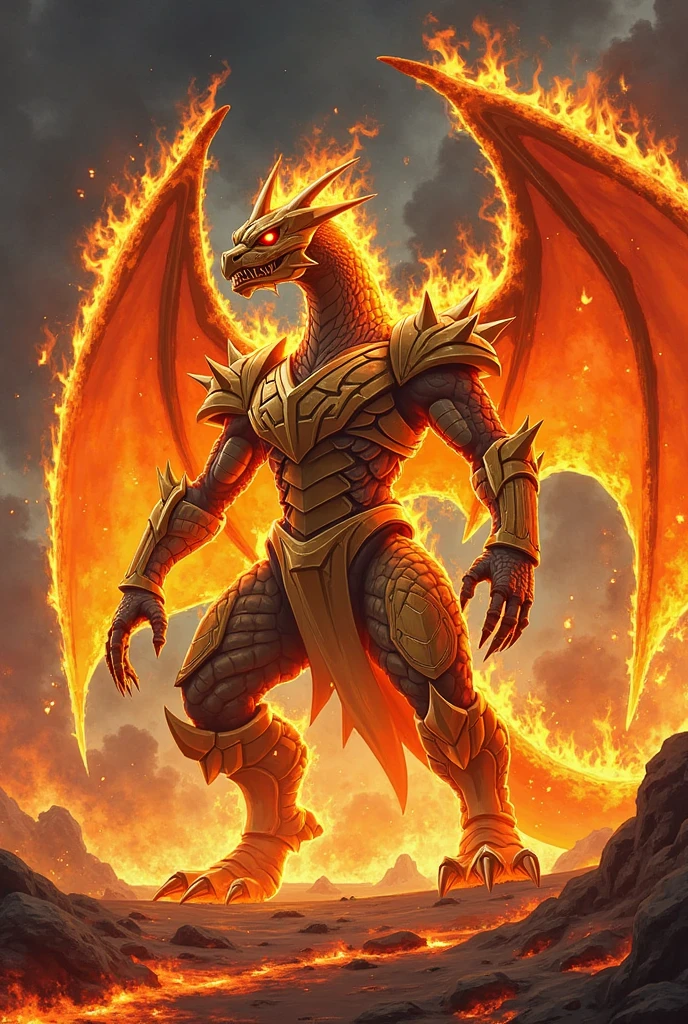 a female balrog, balrog, fire monster, monster, monster made of molten lava, wings made of fire, large tail, trailing smoke, smoldering embers, burning flesh, fire realm
