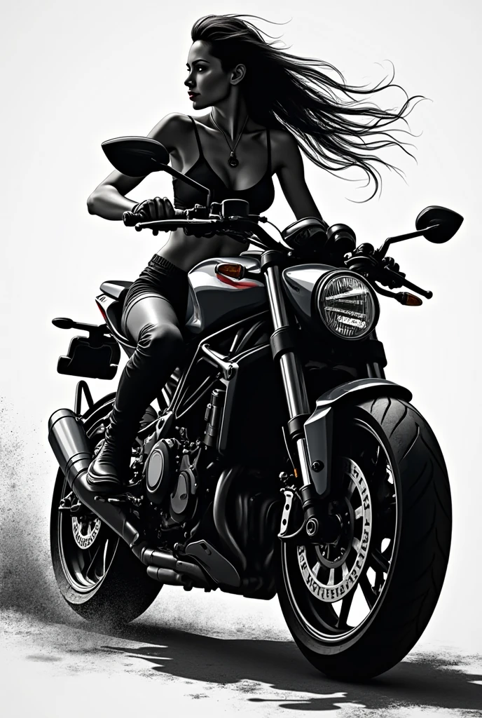 Blue and black motorcycle, drawing of a woman with backs