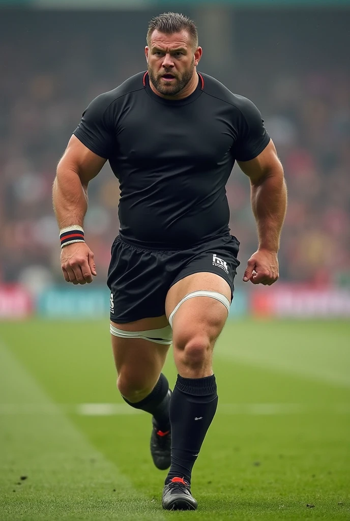 ((highest quality)), ((masterpiece)), (detailed), ((Perfect Face)), 4k, Shaved head, Young Japanese, Muscular, Fat body, Very big man, smile, ((showing off crotch)) A large Japanese man shirtless、whole body、Rugby player、Thick legs、Thick arm muscles、Intimidating、whole body、((wearing a very tight and very short black-shorts)), (shirtless)、((At the rugby field)), haka dance, spreading legs very wide