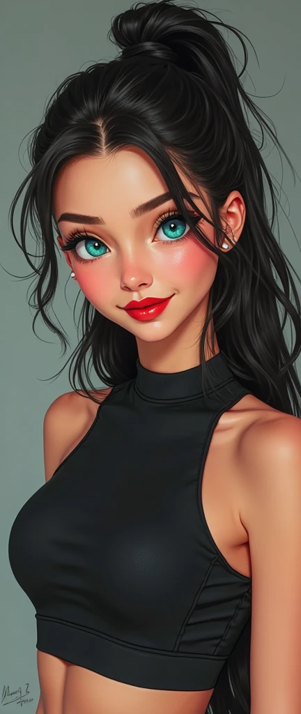 A woman with a moderate height, about 1.65 meters, with a slim and toned body. Hair would be dark, almost black, with dark brown highlights, and it would be long and loose, falling in soft waves over shoulders.
eyes would be a deep blue color, almost turquoise, with a warm and welcoming look. Skin would be brown, with a warm and natural tone, with a small tattoo of a star on the left cheek.
Smile would be wide and warm, with aligned and shiny teeth. A small scar on the upper lip.
More feminine proportions, with loose shoulders and generous curves in the waist and buttocks.