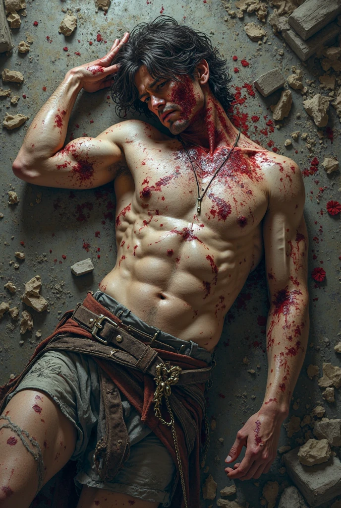 The Young Soldier, fantasy, dinamic lighting, Fantasy art, higly detailed, dramatic  lighting, woods, bokeh, Strong, bloodied, Scarred body, Aggressive face, (((torn rags ))), (((briefs))), Scars, bald head, muddy, bust
