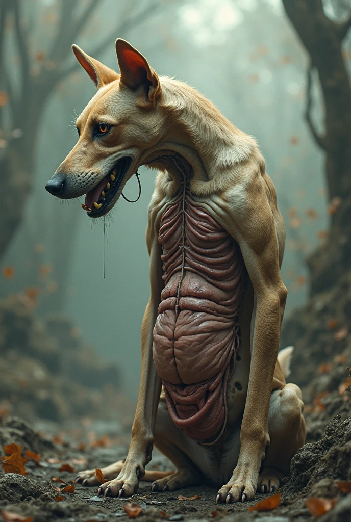 A meat dog is sitting in front of the dog