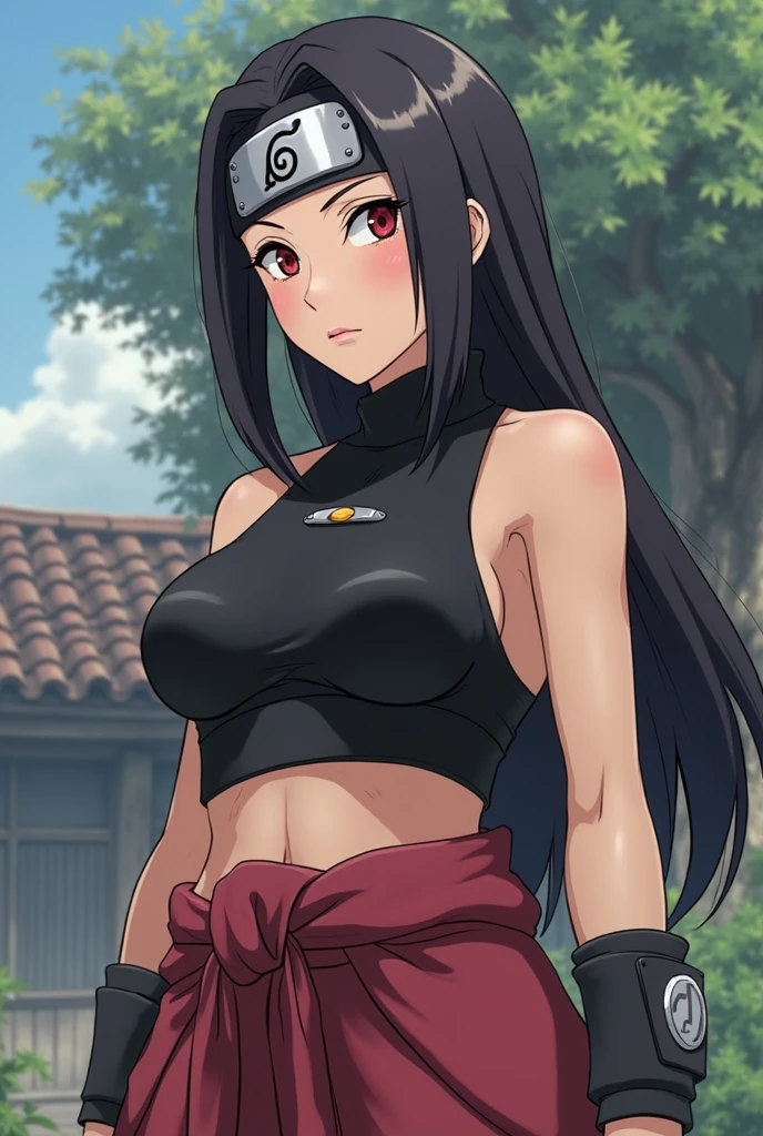 Create a realistic picture of that girl below looking extra gorgeous, cute and hot and change her colour into red looking a bit danger and scary yet hot and beautiful and change her dress into black and red colour