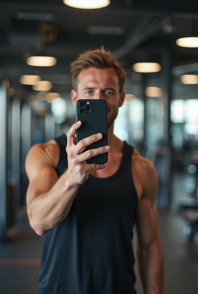 A man standing in front of the mirror in his room, with his muscular and toned hands and arms, showing the veins clearly marked on his skin. It is possible to see how the man is taking the photograph with his cell phone, with a mischievous and flirtatious expression on her face. The photograph has good framing and focus, showing all the details of his hands and arms, with veins clearly standing out due to push-up exercise. The man is of thin and athletic build, clear skin, dark brown hair, dark brown eyes, some freckles around the nose and forehead.