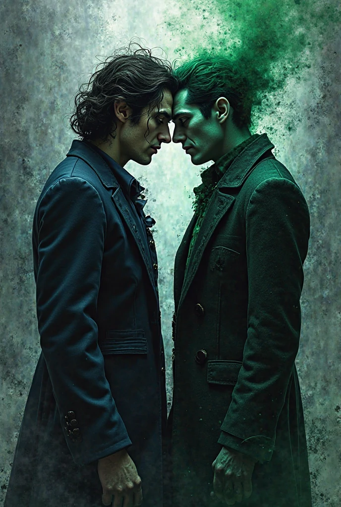 A male character with wavy black hair (the top), wearing a black ensemble and a dangerous smile, pins a SCARED fluffy brown haired male character (less musculed and softer, the bottom then) on a tree. there are many trees, fireflies around them, the atmosphere is eerie.
BOTH OF THEM ARE DUDES and one wear wealthy clothes and the other wears poor clothes