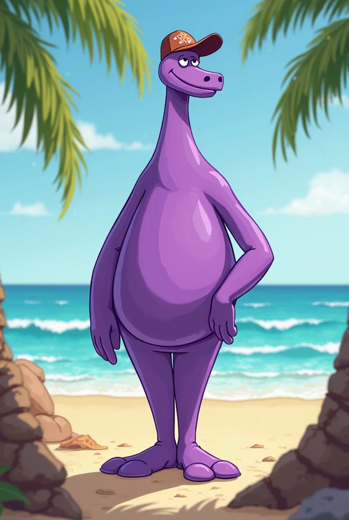 sauropod, anthro, Pretty dress, at the beach, female, solo, chubby, pink body, sun hat, beautiful day,