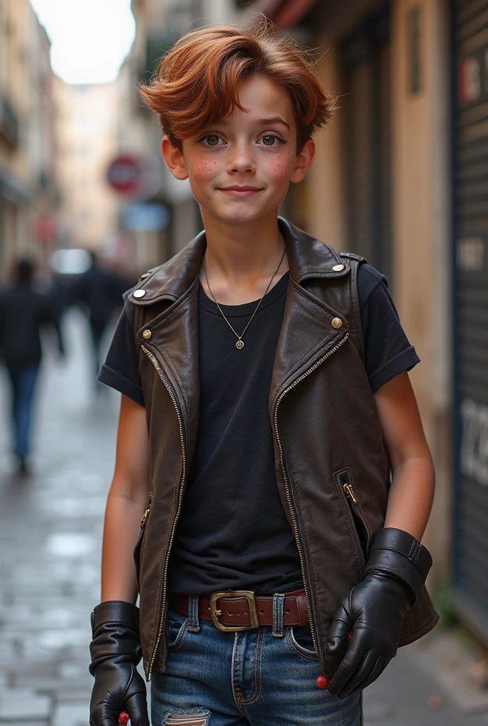 handsome 18 years old 1 boy with red medium hair and lower short ponytail, green eyes, standing on the European city street, leather harness with o-ring, short pants, beautiful legs, brown leather shoes, smile, masterpiece, 8k, high quality, photorealistic