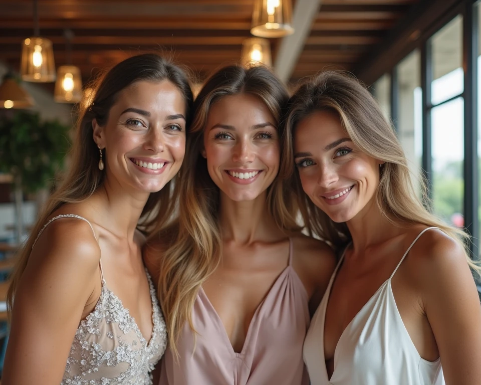 three different women in a tropical restaurant, wearing an open shirt with a floral print, with a close-up capturing the harmonious beauty between her breasts and the natural flowers, one of them holding a card, showing natural charms and outgoing personality.