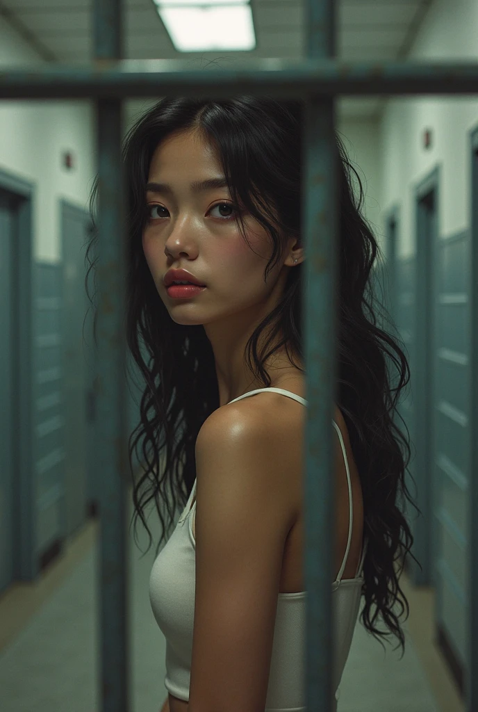 Thai Woman, milf, gigantic breasts, showing_nipples, small waist, fully clothed, luxury dresses, squatting mid to viewer, look at viewer, long hair, shirt, jeans, cloud, day, sky,outdoors, post-apocalypse, ruins scenery, tree, water,
