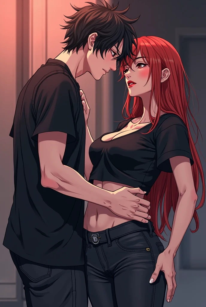 1girl, 1man, a muscular male knight with long red hair and green eyes and freckles is claimed by an evil female bandit with black hair, kissing, tongue kiss, saliva, sweat, smoke coming there mouth, blushed, pinned, hair pulling, aroused, shirtless man, woman has crop top, woman has jacket, open jacket,