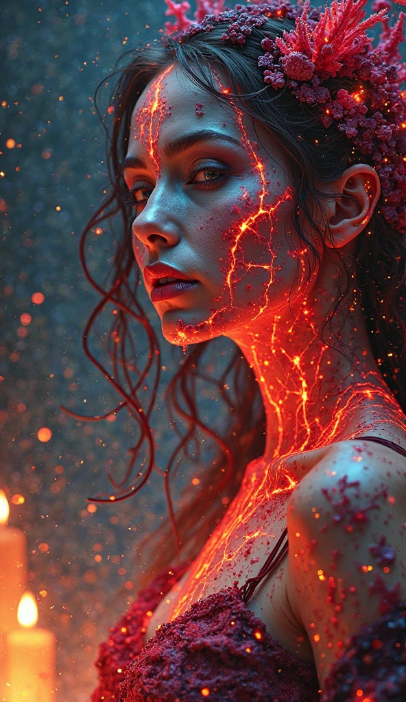 color splattered ink style,splash ink,splash art,Vibrant color splattered ink style, dynamic splash art, close-up, Safe for work depiction of a powerful enchantress, seemingly alive, with intricate, glowing red veins pulsating with energy, surrounded by flickering candlelight and glimmering crystal formations in the background, with subtle, shimmering highlights.