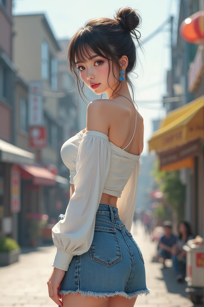 ((Best Quality, 8K, Masterpiece: 1.3)), Focus: 1.2, Perfect Body Beauty: 1.4, Buttocks: 1.2, ((Layered Haircut: 1.2)), (Dark Street: 1.3), (Highly detailed face and skin texture: 1.3), Full body, Fine eyes, Double eyelids, Whitening skin, (Hairstyle casual, Big breasts: 1.2), (Loose crop top, Shorts: 1.6)