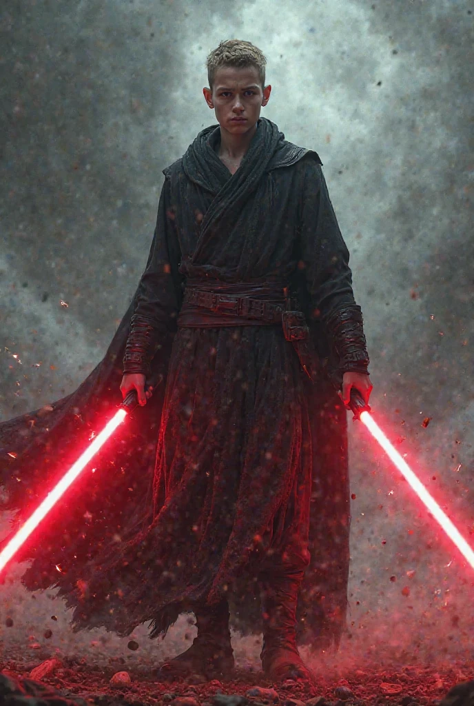 A Sith from Star Wars, thin grey Skin, Sith lets red lightning come out of his hands and hits 4 other Sith, black cloak with hood, dark atmosphere, scary, frightening, red lightsaber, ultra realistic