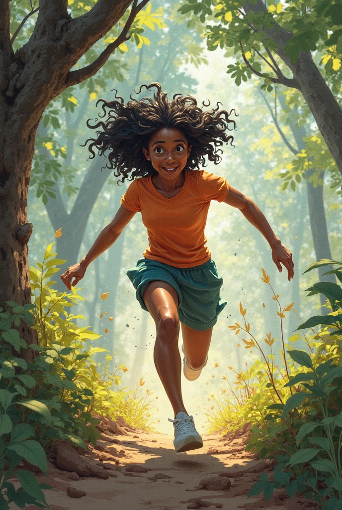 Maya sprints through a dense undergrowth, her hands outstretched, African American, 3d illustretion of A young girl, as precious pretty, 8y.o, with short fiery hair, fearful eyes, ((fearful eyes;1.2)), in a clearing, bathed in the warm afternoon light, afraid, scared, panicked, wearing white tan top and black pant, long sleve, oily skin, white shoes, as the monstrous creatures chase her with determined expressions etched on their faces. Dust and leaves swirl around her.
