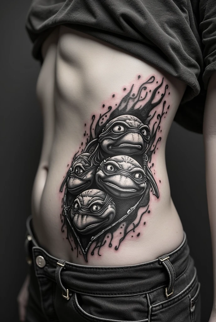 A photorealistic style of a graceful girl with a pepe tattoo on her stomach , <lora:chesttatto:0.65> <lora:pepe-v2:0.8>