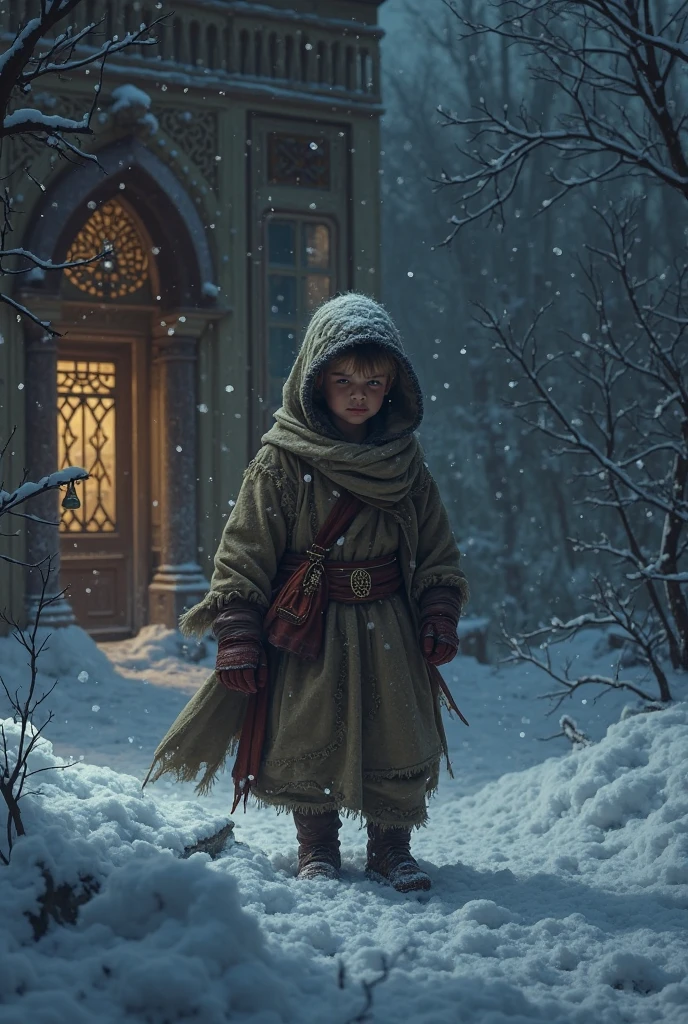 oil painting, Little desperate hopelessly freezing girl with ragged medieval clothes dirty and without shoes in the snow. Dishevelled hair, Tears run down her cheeks, Night falls and fog rolls in, oil painting,
