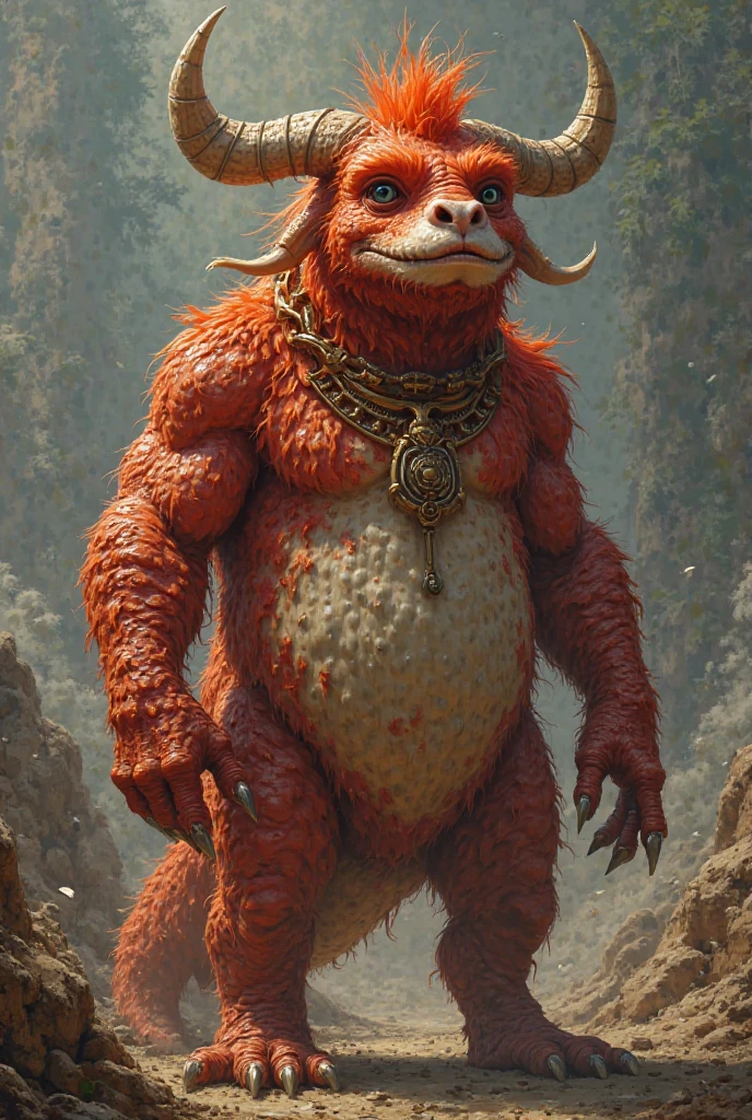 ultra-detailed, masterpiece, masterwork, high quality, best quality, hdr, nature, forest, nsfw, (solo), male, dragon, (chibi), (red little body minotaur), (nude), (chubby body), (long golden hair), (yellow eyes), standing, front view, dynamic angle, (bulge white loincloth, Penis protruding from loincloth)