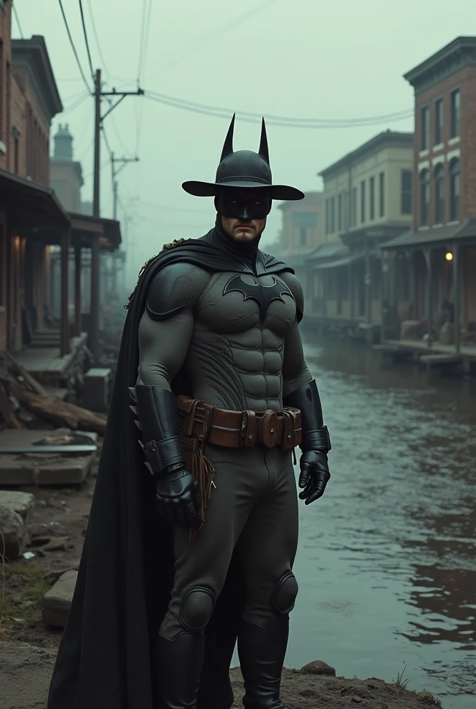Ultrarealistic, male, pale skin, bald, long beard, wearing a batman costume, standing on a roof, at night, cowboy hat