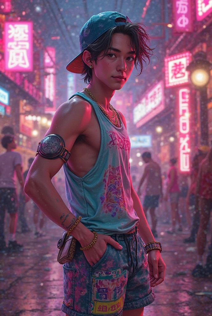 8K, masutepiece, Raw photography, Best Quality, Photorealistic, Highly detailed CG Unity 8K wallpapers, depth of fields, Cinematic Light, Lens Flare, Ray tracing, (Very beautiful and charismatic face, Beautiful lips, Beautiful eyes), intricately detailed face, (Ultra detailed skin), 1 man, In nature, In the deep shadows, Beautiful European Man, Kpop Idol, 1 male, (very strong and muscular body:1.3), (looking at audience), (Great determined appearance) :1.3), (Sleeveless), (Fashion City Night, a dark night, neon signs, Blurred background), Fashion Street Night, (The person behind々:1.3), Beautiful earrings, Bracelets, Necklace, pantyhose, Clear eyes, Walking, (pale skin), (Big eyes), Face forward, (upperbody shot), (loose-fitting clothes:1.3), (Brown hair), (Bosch Clothing, (Transparent), (looking at audience:1.3) Very strong ,, back turned, (Back shot), Transparent, Medium hip.