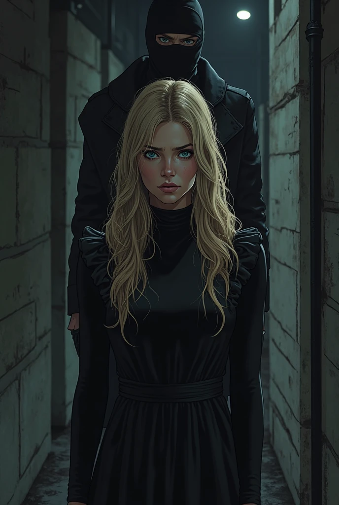 generates the image of a blonde woman, identical to Melissa Benoist, very long hair, beautiful, on a dark, deserted, dangerous-looking street. She is scared,  wears a formal dress as if she had fled some important event 
