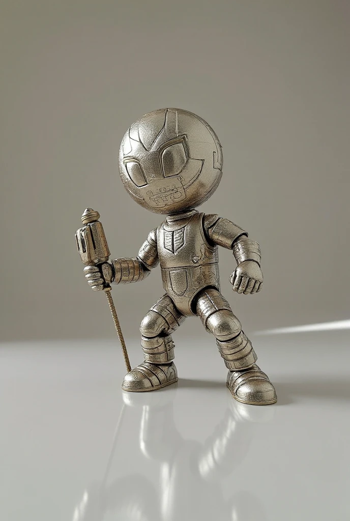 ((High-resolution)), top quality image, (Nendoroid-style figure), It depicts a young boy, (3-head-height proportion), typical of chibi, super-deformed character designs, The boy, wearing a skeleton mask, eyepatch over left eye, listless, weak smile, right arm is wrapped in bandages, left hand is clenched into a fist, The figure is viewed from a slightly elevated angle, looking down diagonally at the character,