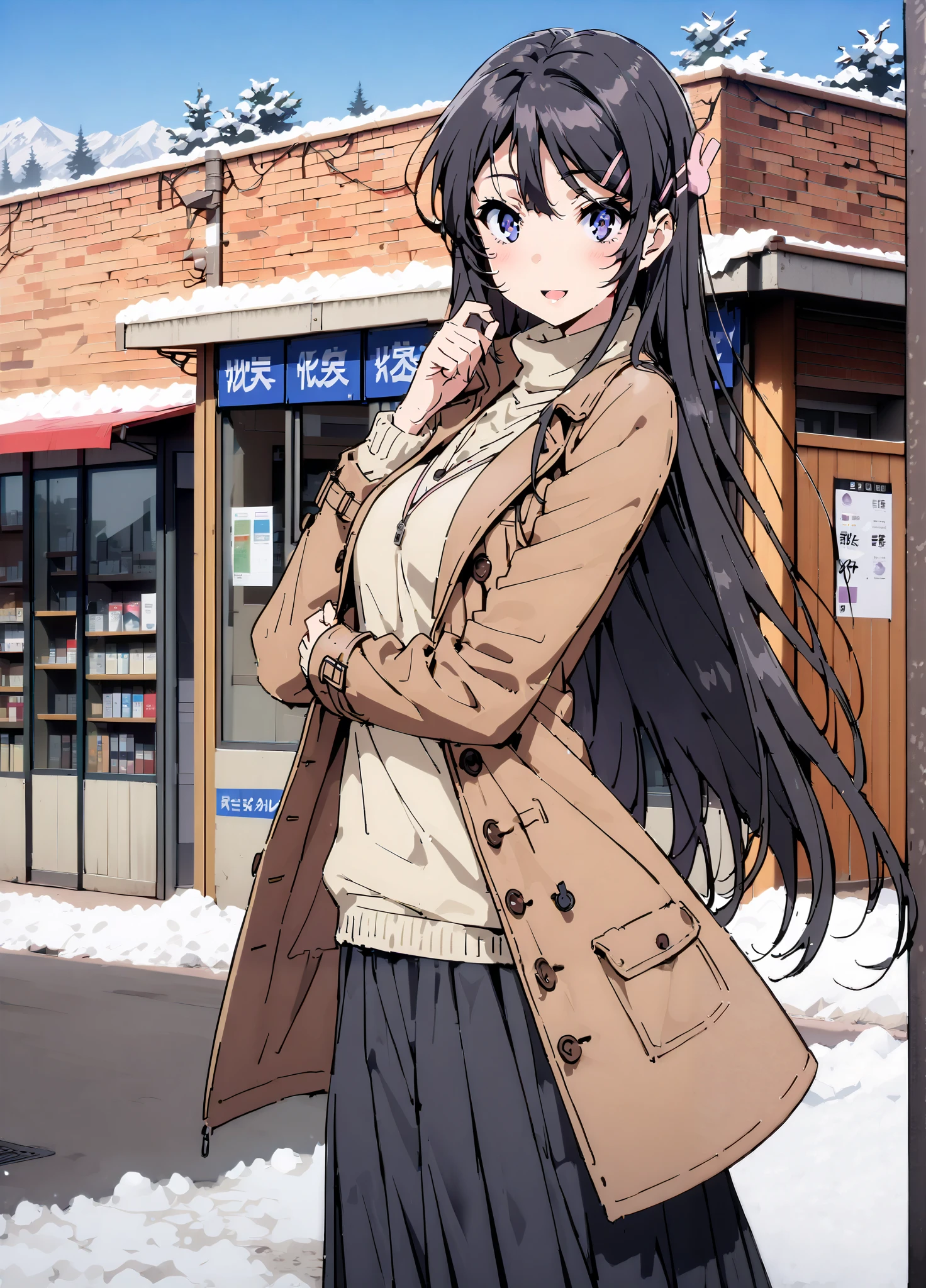 household, Mai Sakurajima , long hair, bungs, black hair,Alone, hair accessories, purple eyes, hair clip for hair, rabbit hair accessories,smile,blush,open your mouth,Glasses, duffle coat,(sweater :1.2),( turtleneck:1.2),long skirt,long skirt,Black Pantyhose,boots,snow,winter,Standing residential area,Beautiful cityscape,,full bodyがイラストに入るように,
break looking at viewer,full body,
break outdoors, bus stop,
break (masterpiece:1.2),top quality , kampala, Unity 8K Wallpaper ,(shape:0.8),( fine, beautiful eyes :1.6),It's a person ,full body写真,CG Details , (perfect hands with full nudity, complete anatomy),