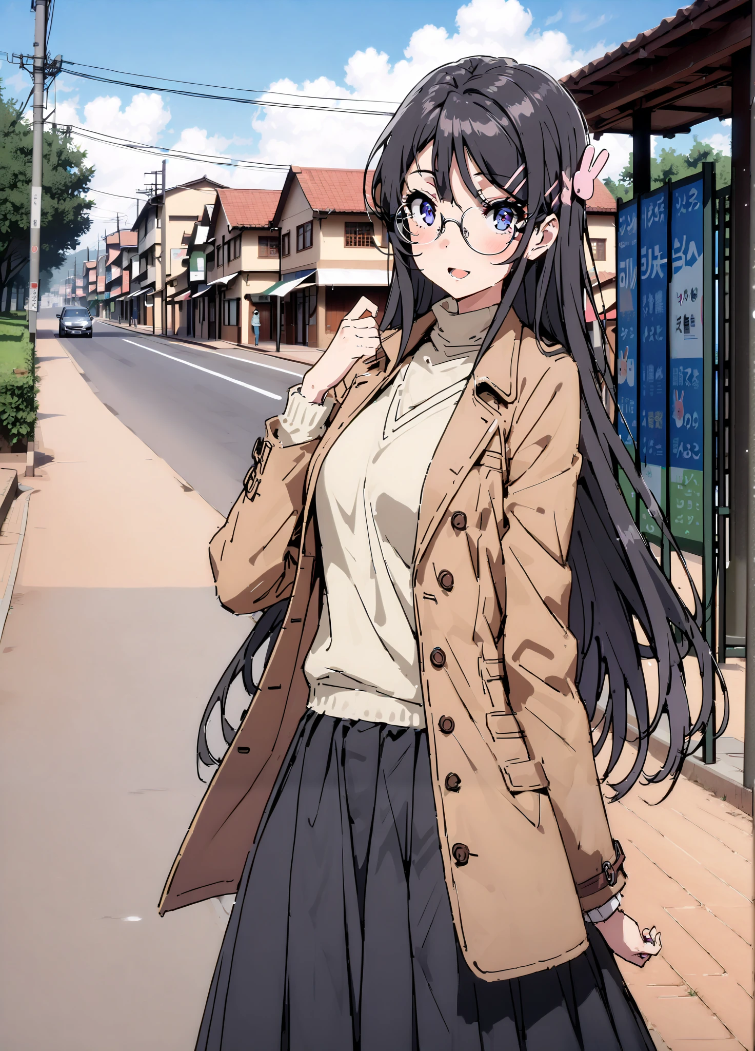 household, Mai Sakurajima , long hair, bungs,   black hair,Alone, hair accessories, purple eyes, hair clip for hair, rabbit hair accessories,smile,blush,open your mouth,Glasses, duffle coat,(sweater  :1.2),( turtleneck:1.2),long skirt,long skirt,Black Pantyhose,boots,snow,winter,Standing residential area,Beautiful cityscape,,full bodyがイラストに入るように,
break looking at viewer,full body,
break outdoors, bus stop,
break (masterpiece:1.2),top quality , kampala, Unity 8K Wallpaper ,(shape:0.8),(  fine, beautiful eyes  :1.6),It's a person ,full body写真,CG Details , (perfect hands with full nudity, complete anatomy),