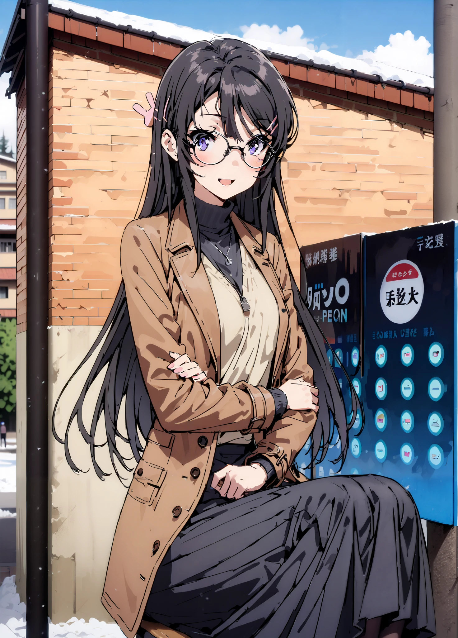 household, Mai Sakurajima , long hair, bungs, black hair,Alone, hair accessories, purple eyes, hair clip for hair, rabbit hair accessories,smile,blush,open your mouth,Glasses, duffle coat,(sweater :1.2),( turtleneck:1.2),long skirt,long skirt,Black Pantyhose,boots,snow,winter,Standing residential area,Beautiful cityscape,,full bodyがイラストに入るように,
break looking at viewer,full body,
break outdoors, bus stop,
break (masterpiece:1.2),top quality , kampala, Unity 8K Wallpaper ,(shape:0.8),( fine, beautiful eyes :1.6),It's a person ,full body写真,CG Details , (perfect hands with full nudity, complete anatomy),