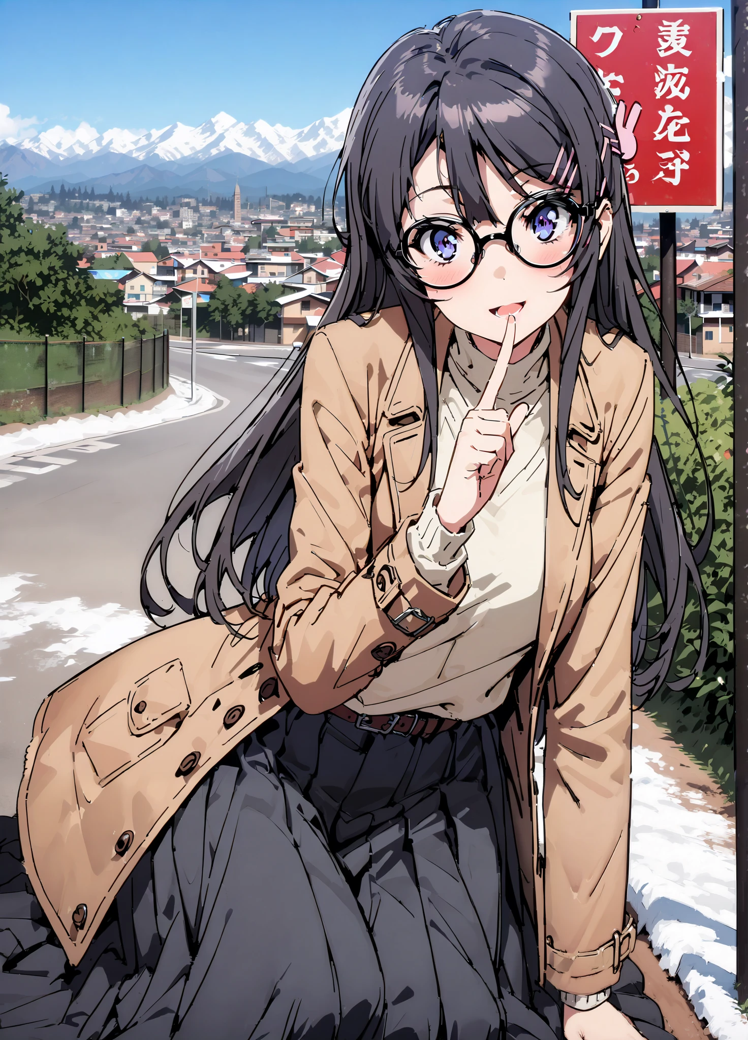 household, Mai Sakurajima , long hair, bungs, black hair,Alone, hair accessories, purple eyes, hair clip for hair, rabbit hair accessories,smile,blush,open your mouth,Glasses, duffle coat,(sweater :1.2),( turtleneck:1.2),long skirt,long skirt,Black Pantyhose,boots,snow,winter,Standing residential area,Beautiful cityscape,,full bodyがイラストに入るように,
break looking at viewer,full body,
break outdoors, bus stop,
break (masterpiece:1.2),top quality , kampala, Unity 8K Wallpaper ,(shape:0.8),( fine, beautiful eyes :1.6),It's a person ,full body写真,CG Details , (perfect hands with full nudity, complete anatomy),